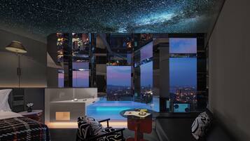 Diamond City View Starry King Room with Designer Private Hot Tub | Down comforters, in-room safe, blackout drapes, soundproofing