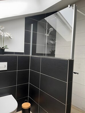 Douche, sèche-cheveux, serviettes fournies