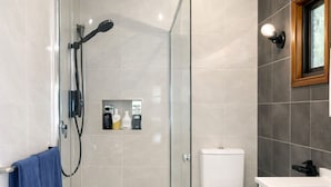 Een moderne badkamer met een glazen douchecabine, een toilet en een wastafel.
