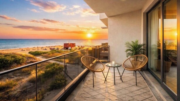 Een balkon met twee rieten stoelen en een tafel, met uitzicht op een strand bij zonsondergang.