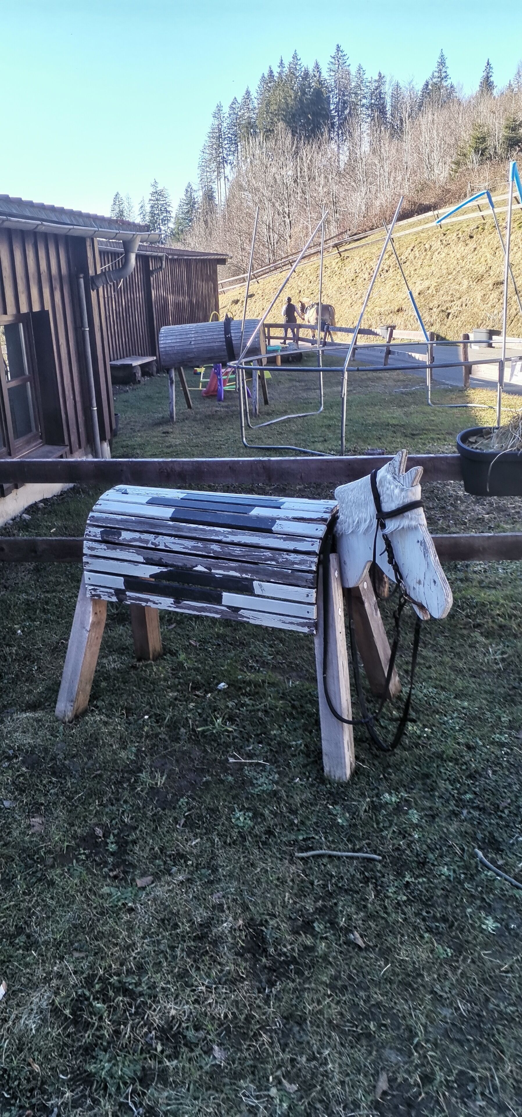 Een rustieke houten bank met een wit zadel en hoofdstel, gelegen in een grasrijk gebied met een houten constructie en een metalen hek op de achtergrond.