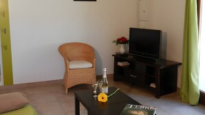 Un salon avec un fauteuil en osier, un téléviseur posé sur un meuble, une table avec un magazine et un tableau encadré accroché au mur.