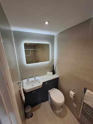 Une petite salle de bain comprenant un lavabo, un miroir, des toilettes et un porte-serviettes.