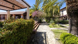 Un sendero de piedra que atraviesa un patio con palmeras, un banco de madera y un edificio con tejado de baldosas.