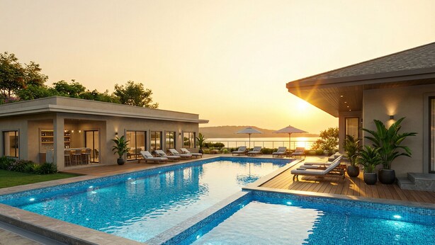 A swimming pool with lounge chairs and a view of the sunset. - Saapna Resort & Boat Club (Betūl)