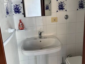 Casa de banho com uma pia branca, espelho e sanita.