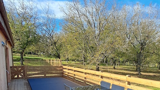 Une terrasse en bois avec un tapis bleu, des meubles en osier et une vue sur les arbres et une clôture.