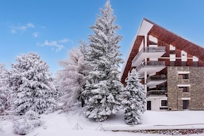 Edifici modern amb teulada inclinada i diversos balcons, envoltat d'arbres coberts de neu.