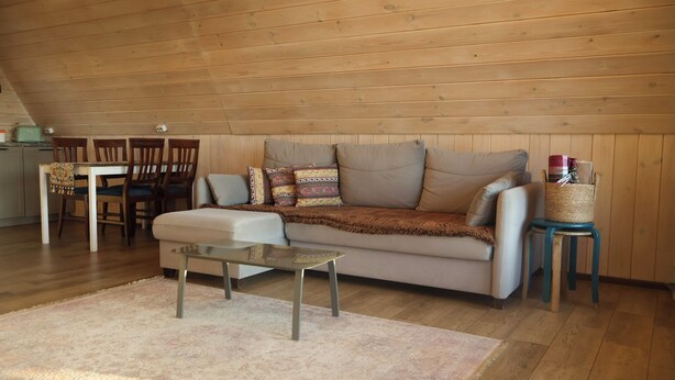 Una sala de estar acogedora con un sofá, una mesa de centro y una zona de comedor con sillas y una mesa.