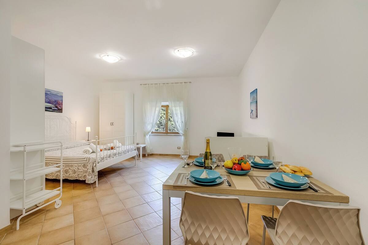 A room with a bed, a dining table with blue plates, a bottle of champagne, and a window with curtains.