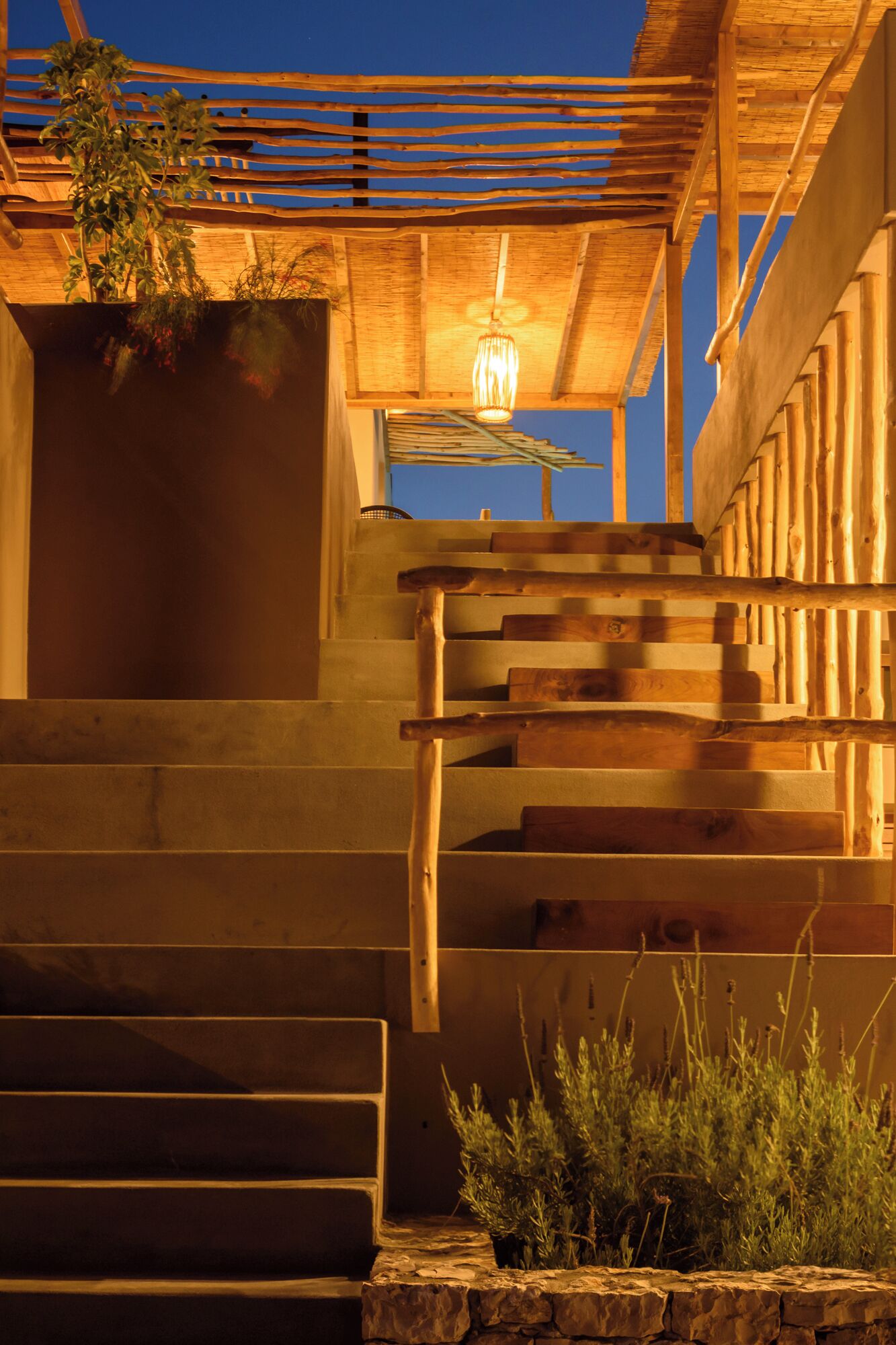 A wooden staircase with a hanging light fixture, leading to a covered area with a view of the sky.