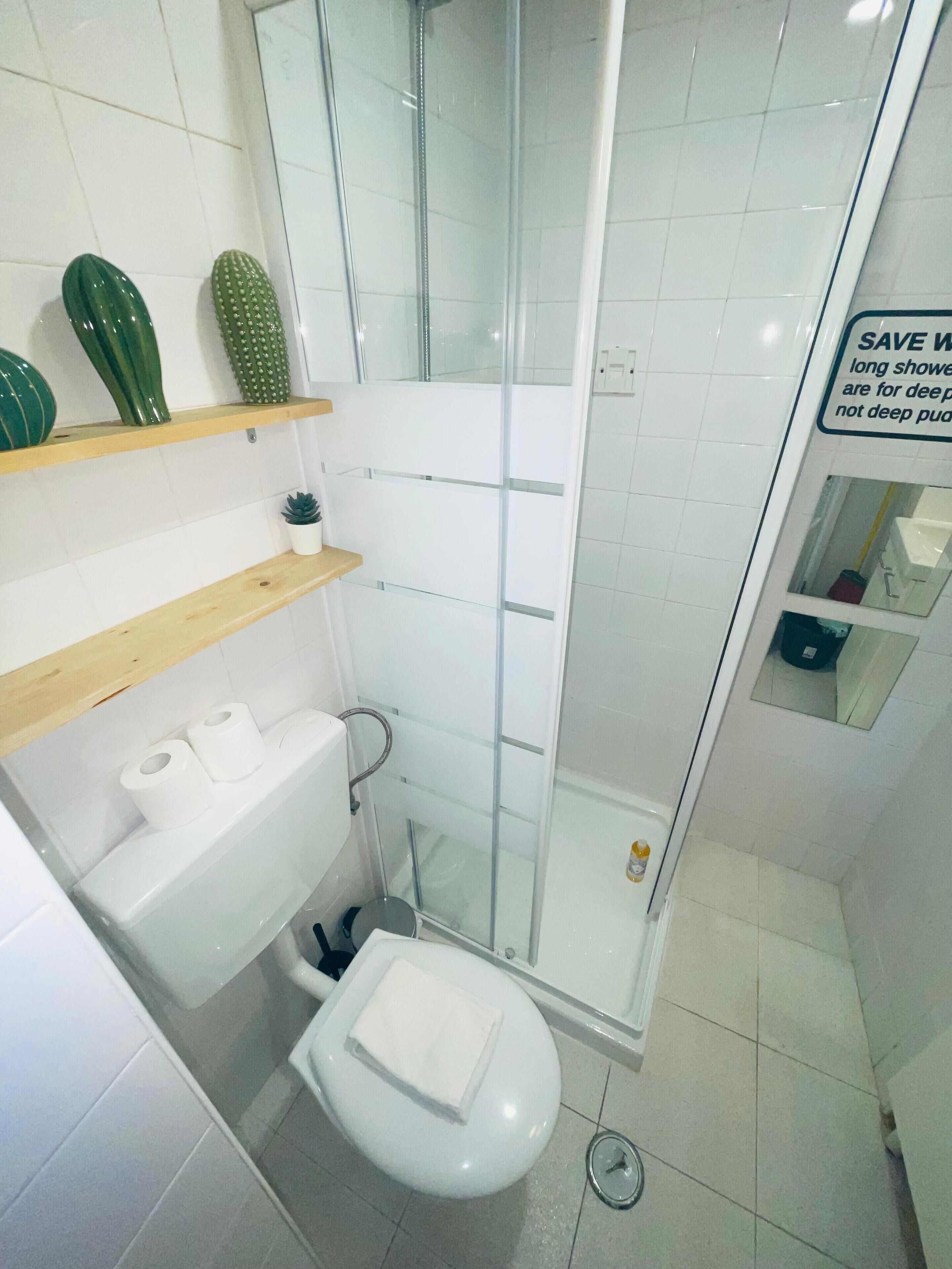 A compact bathroom with a glass-enclosed shower, a toilet, and a sink.