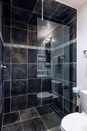 Chuveiro, secador de cabelo, toalhas de banho, shampoo