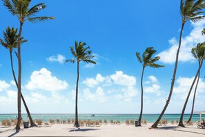 Ein Strand mit Palmen und Liegestühlen.