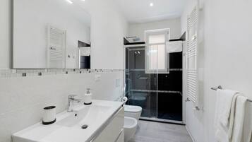 Shower, hair dryer, towels
