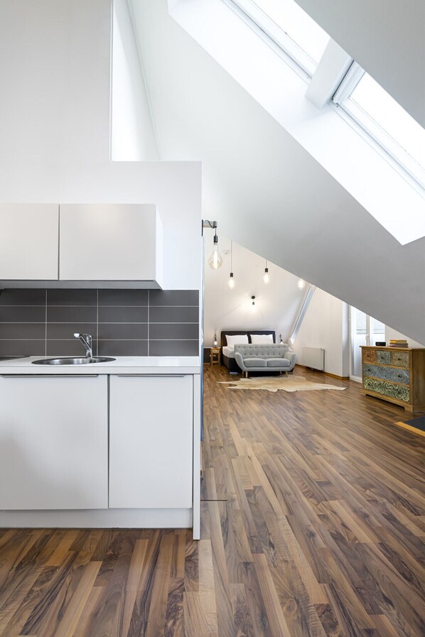 Loft moderno con cucina, letto a soppalco e finestra a lucernario.