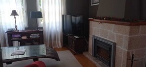 A living room with a fireplace, a television, a bookshelf, and a glass table. - Cabanas, Casa Unica, on the beachfront (Cabañas)