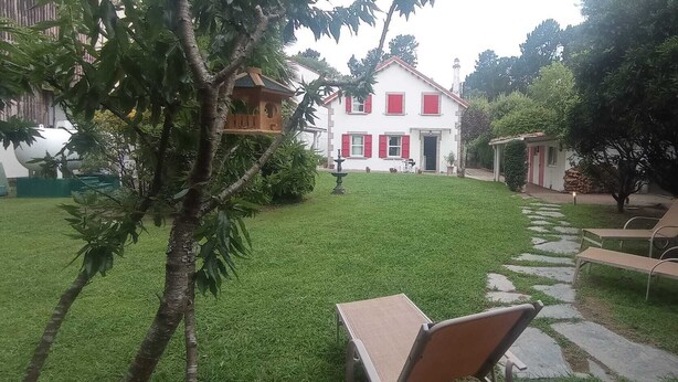 Un jardín bien cuidado con césped, comedero para pájaros, una fuente y mobiliario de exterior.