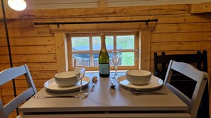 Dining - Luxury Glamping Lodge with hot tub set on a beautiful, Mid Wales hillside (Welshpool)