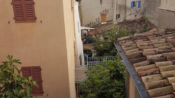 Un carrer estret entre edificis amb teulada de rajola i una figuera al primer pla.