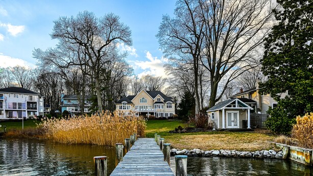 A wooden dock leading to a house with a pond and reeds. - Beautiful waterfront home on The Chesapeake Bay with private dock & beach access (Annapolis)