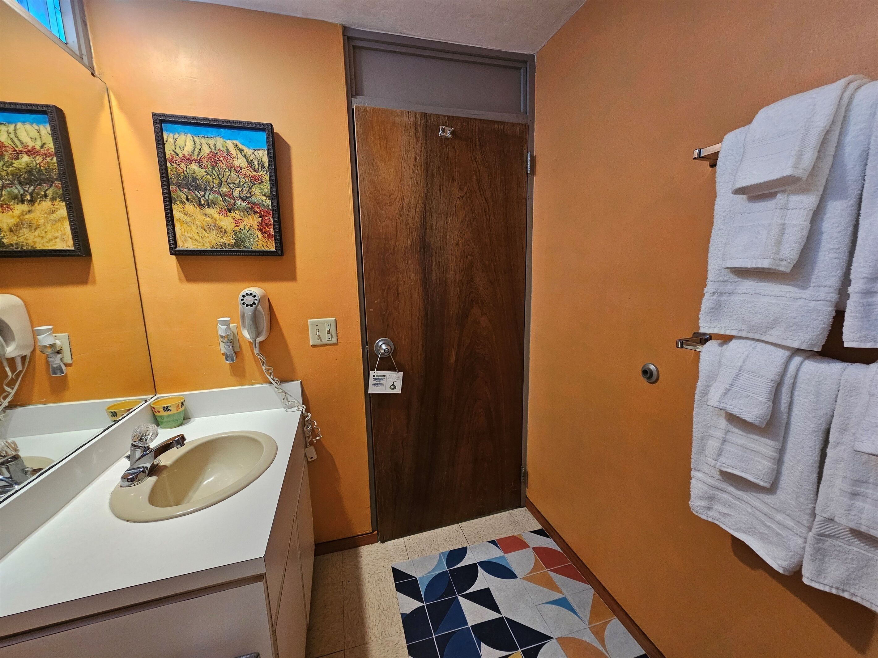 Une salle de bain avec un lavabo, un miroir et deux tableaux encadrés au mur. On y trouve un porte-serviettes avec des serviettes blanches et un tapis à motifs sur le sol.