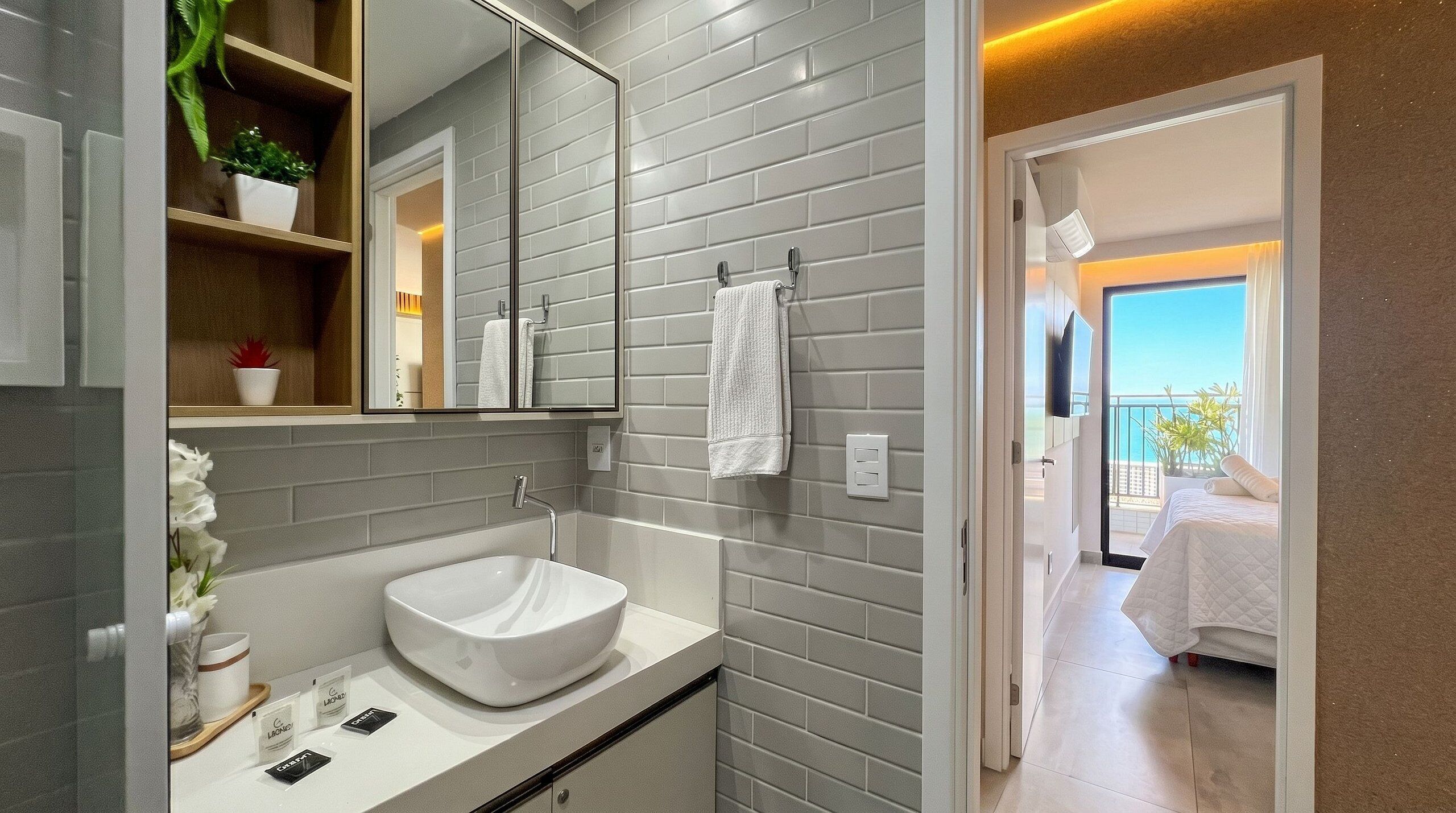 A modern bathroom with a white sink, mirror, and grey tiled walls.