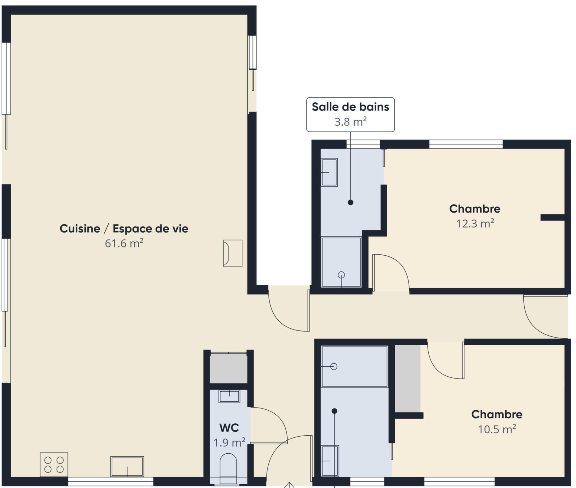 A floor plan with a kitchen/living space of 61.6 m², two bedrooms of 12.3 m² and 10.5 m², a bathroom of 1.9 m², and a bathroom area of 3.8 m².