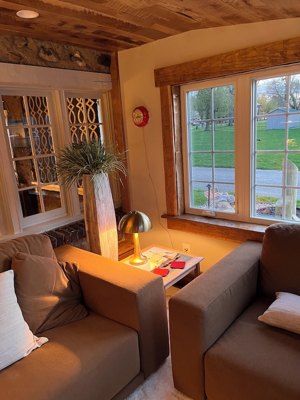 Ein gemütliches Wohnzimmer mit braunem Sofa, einer Lampe und Blick auf eine grüne Rasenfläche durch große Fenster.