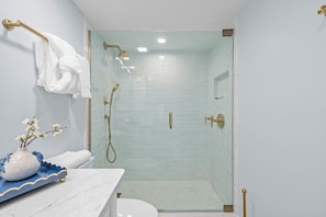 Shower, hair dryer, towels - White Sands #15 A stunning Beach Front 2 bedroom, 2 bathroom condo. (Sanibel)