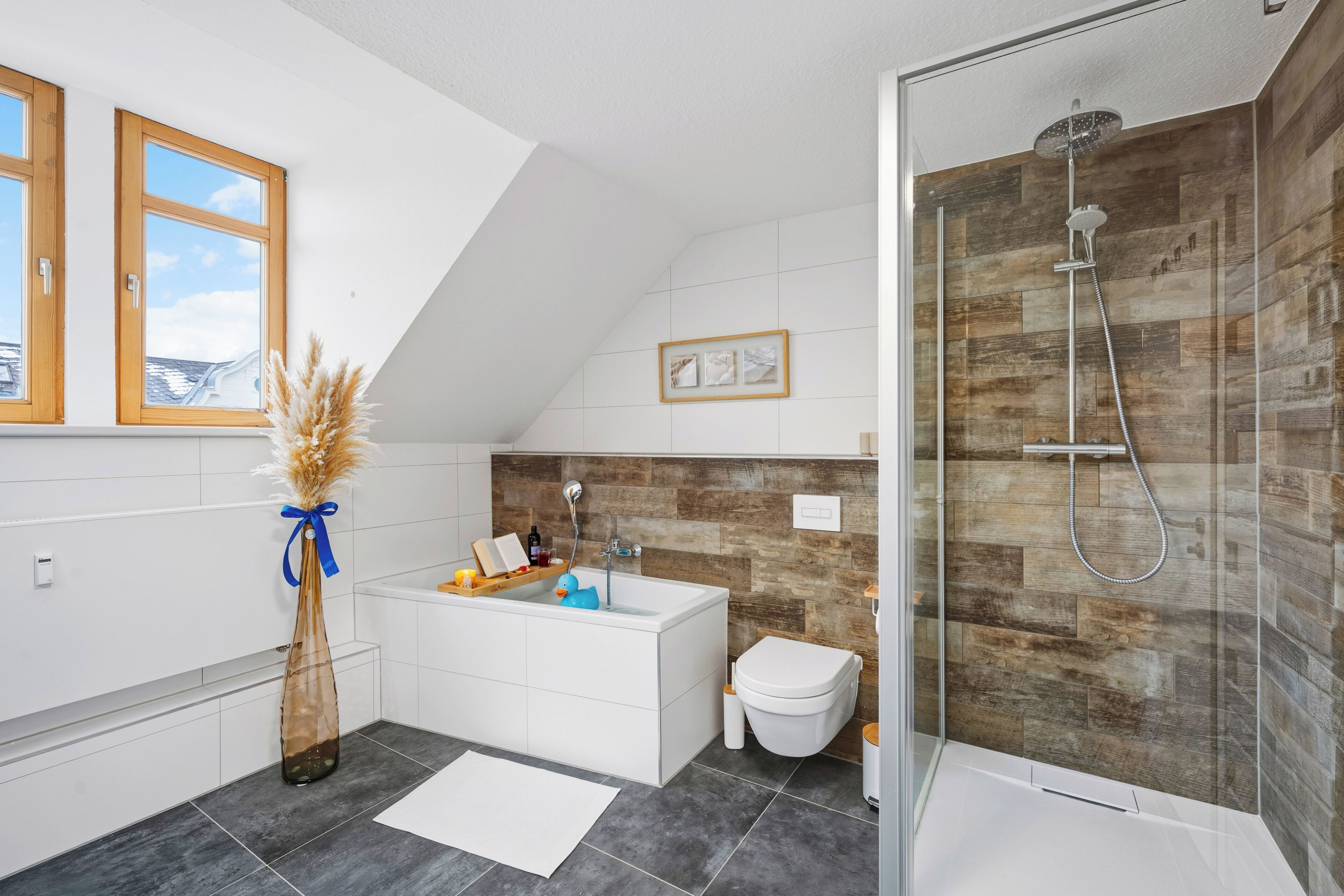 Hair dryer, towels, soap