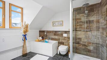 Hair dryer, towels, soap