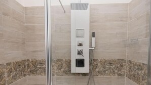 Een moderne douche met glazen deur, een douchekop aan de wand en een bedieningspaneel.