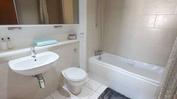 Shower, hair dryer, towels, toilet paper
