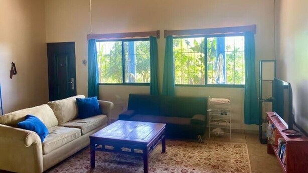 Sala de estar con sofá, mesa de centro y mueble para televisión. Se ven dos ventanas con cortinas, y una puerta al fondo.