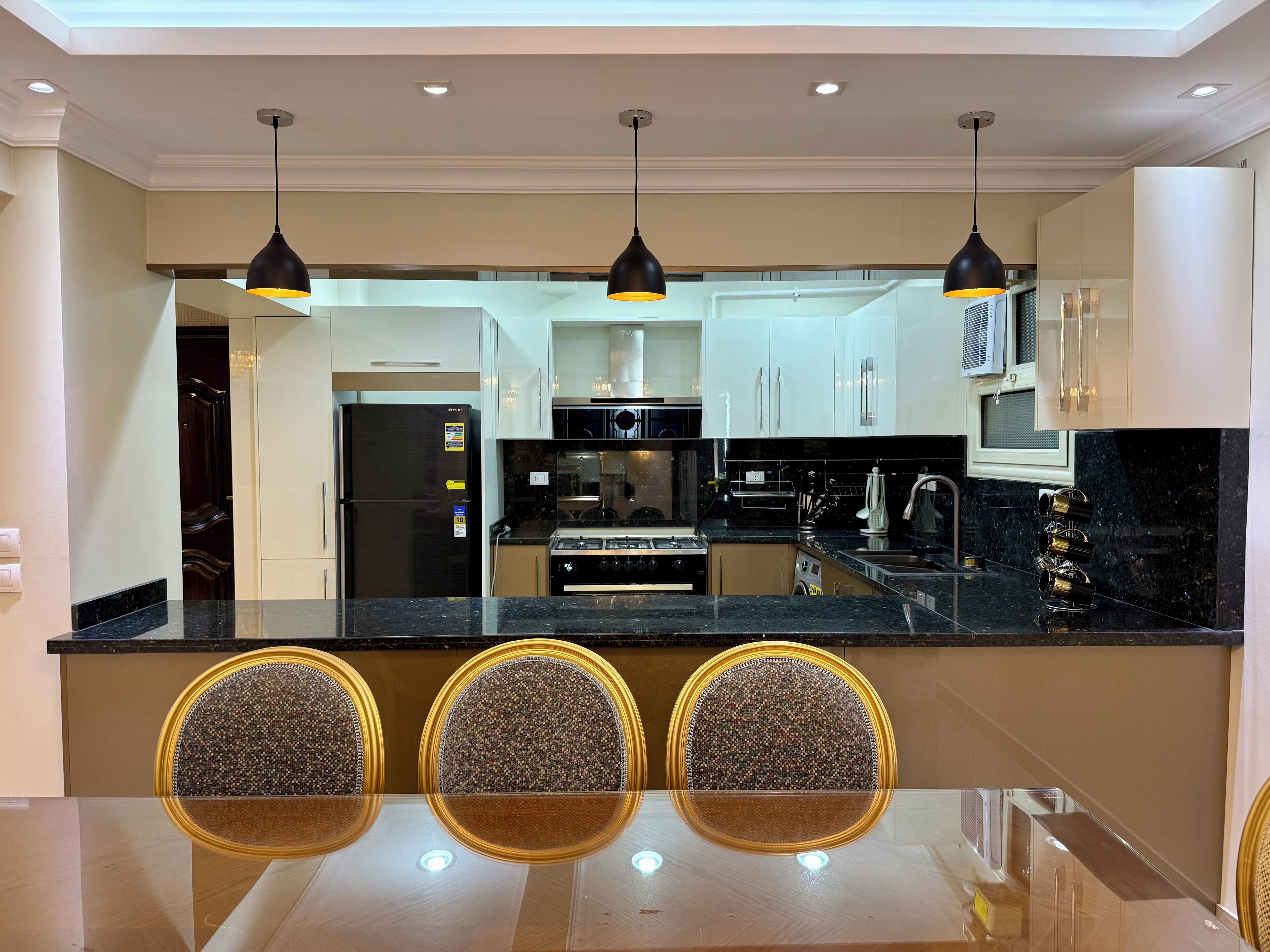 Fridge, oven, stovetop, electric kettle