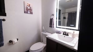 A bathroom with a toilet, sink, and a mirror. - ATI Unit B: 1  BR, 1  BA Duplex in Sitka, Sleeps 3 (Sitka)