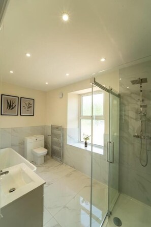 Banheira e chuveiro separados, banheira de imersão, secador de cabelo 