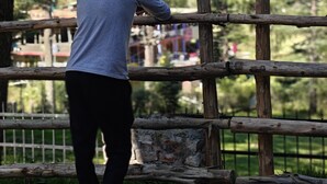 A person standing by a wooden fence overlooking a mountainous landscape with trees and a building in the background. - Hils & Paw (Manali)