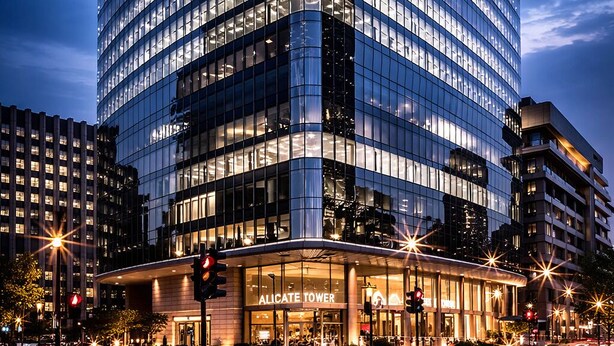 Een modern hotel met een gebogen gevel, grote ramen en een opvallende ingang.
