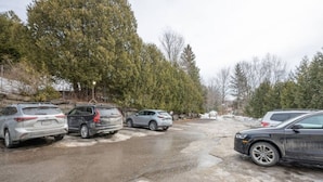 Un parking où sont garées plusieurs voitures, entouré d’arbres et sous un ciel nuageux.