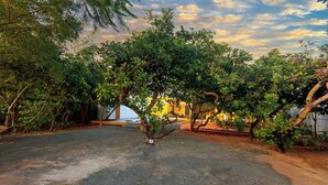 A paved courtyard with trees and a building in the background. - Welcome Grand Private Pool Villa (Vanur)