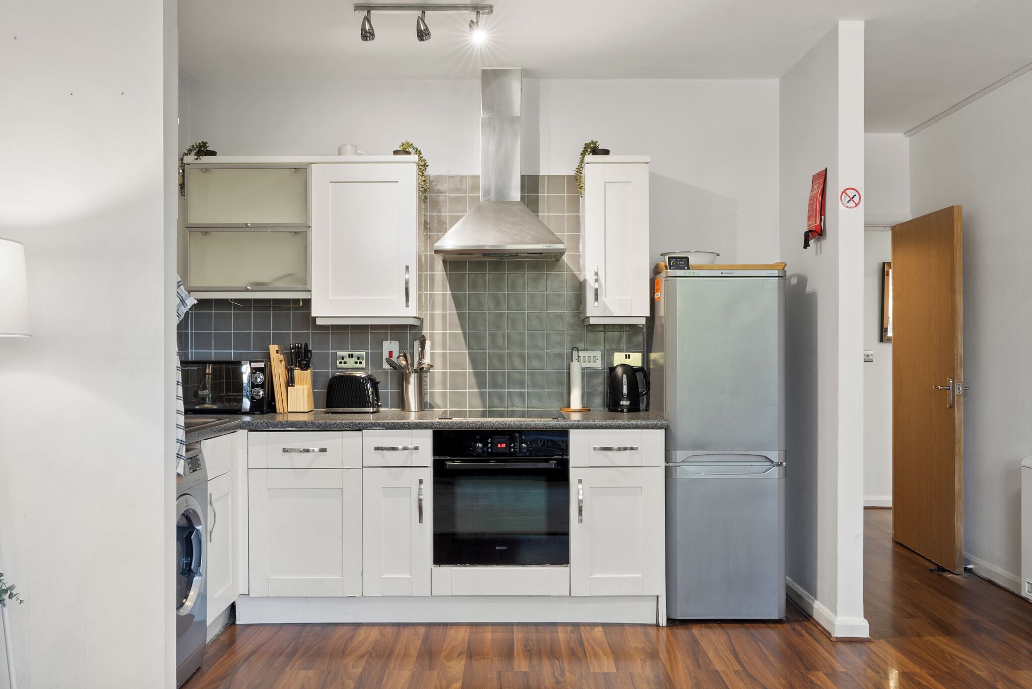 Fridge, microwave, oven, toaster