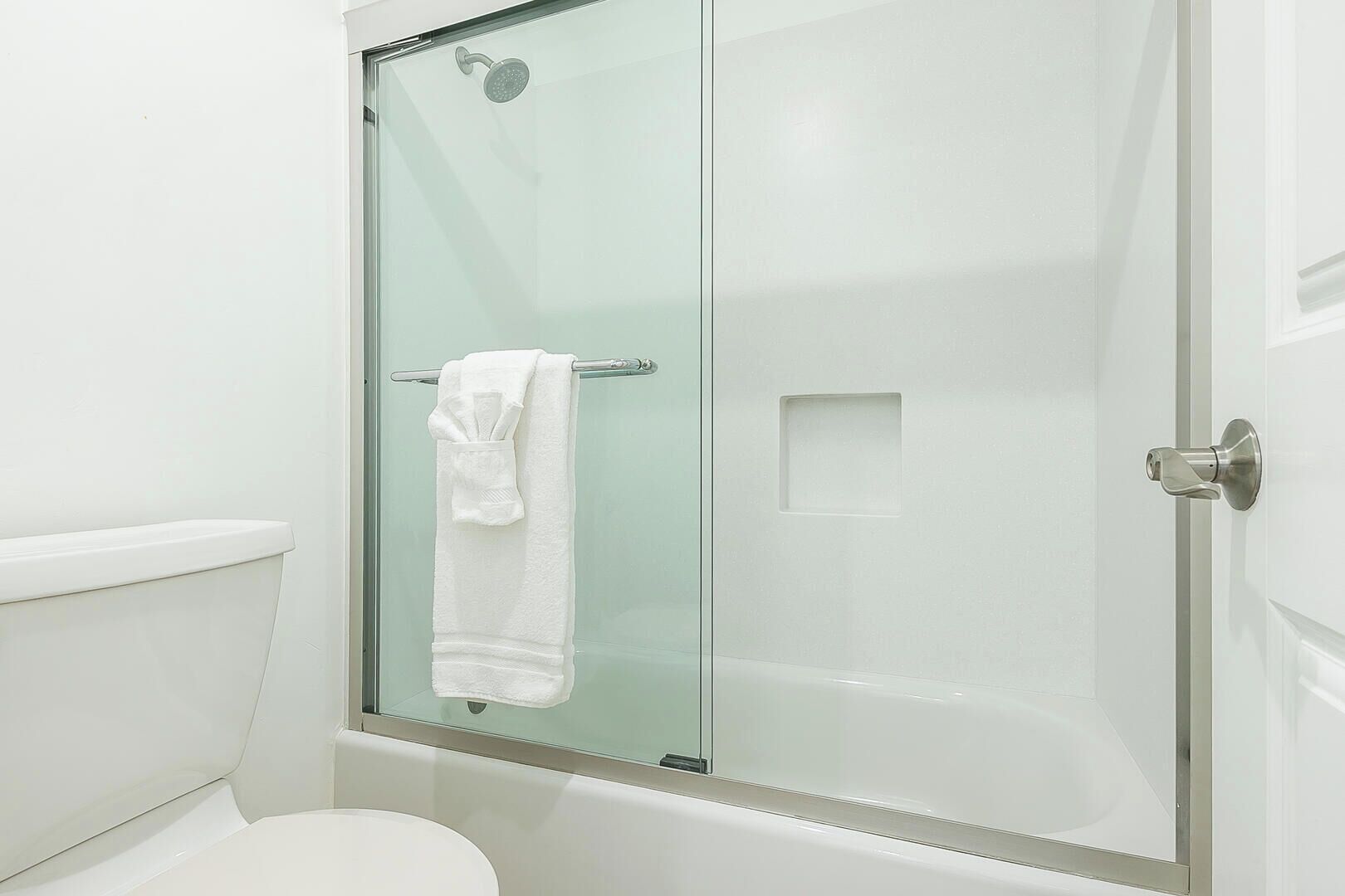 A glass-enclosed shower with a towel rack, a white toilet, and a door with a handle.