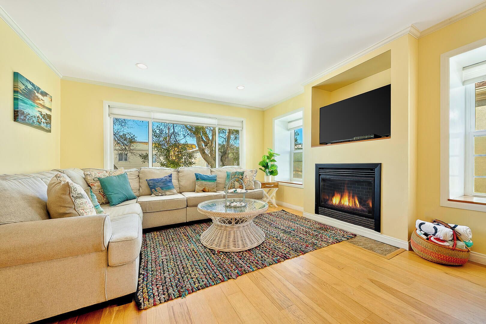 TV, fireplace