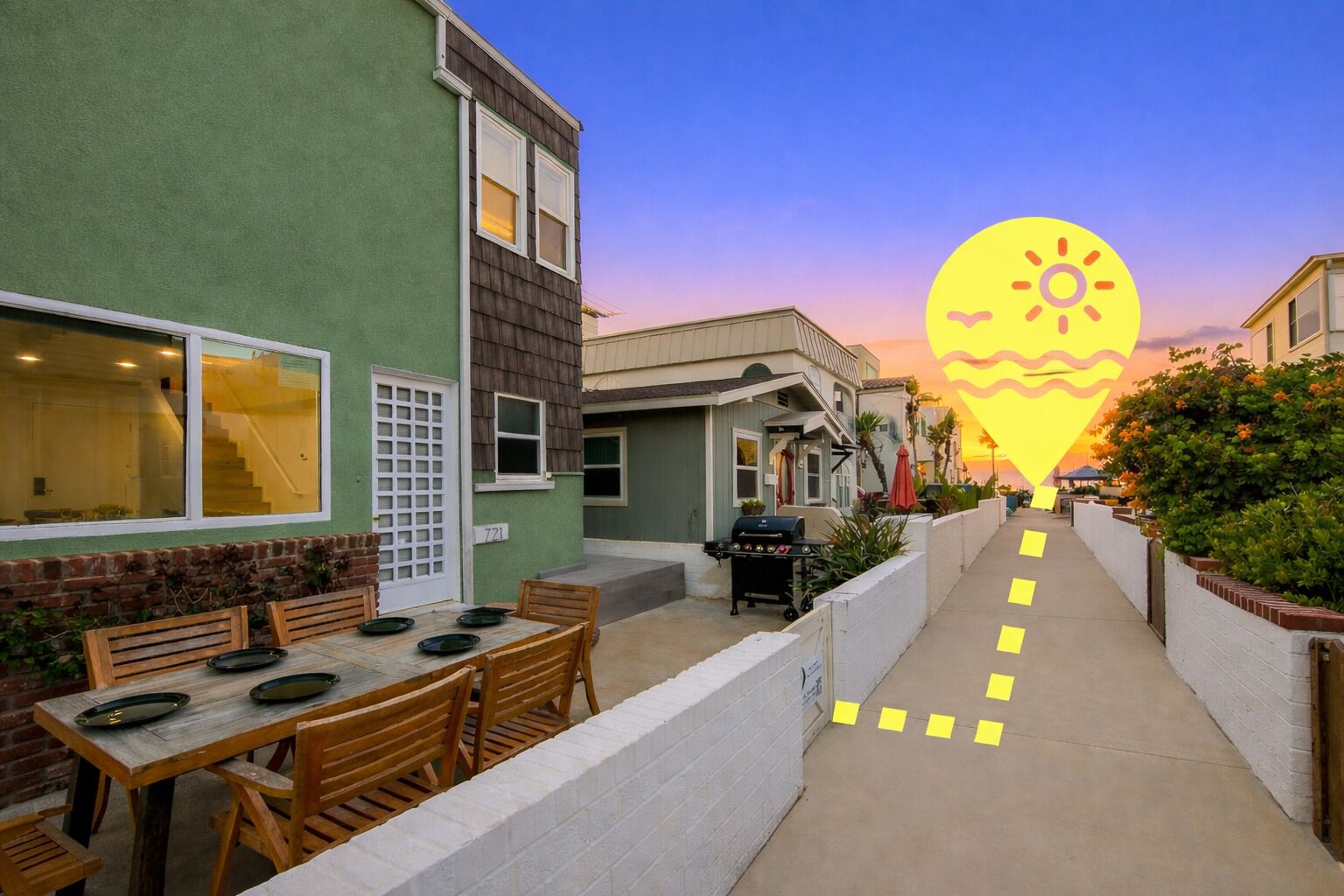 A residential street with houses, a dining table with chairs, and a barbecue grill.