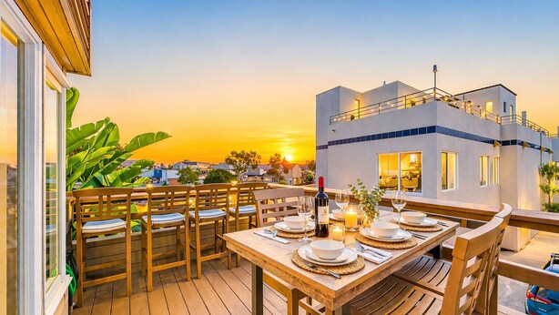 A wooden deck with a table set for dining, overlooking a modern building and a sunset. - Perfect for Families,Steps to the Beach W/Parking! (San Diego)