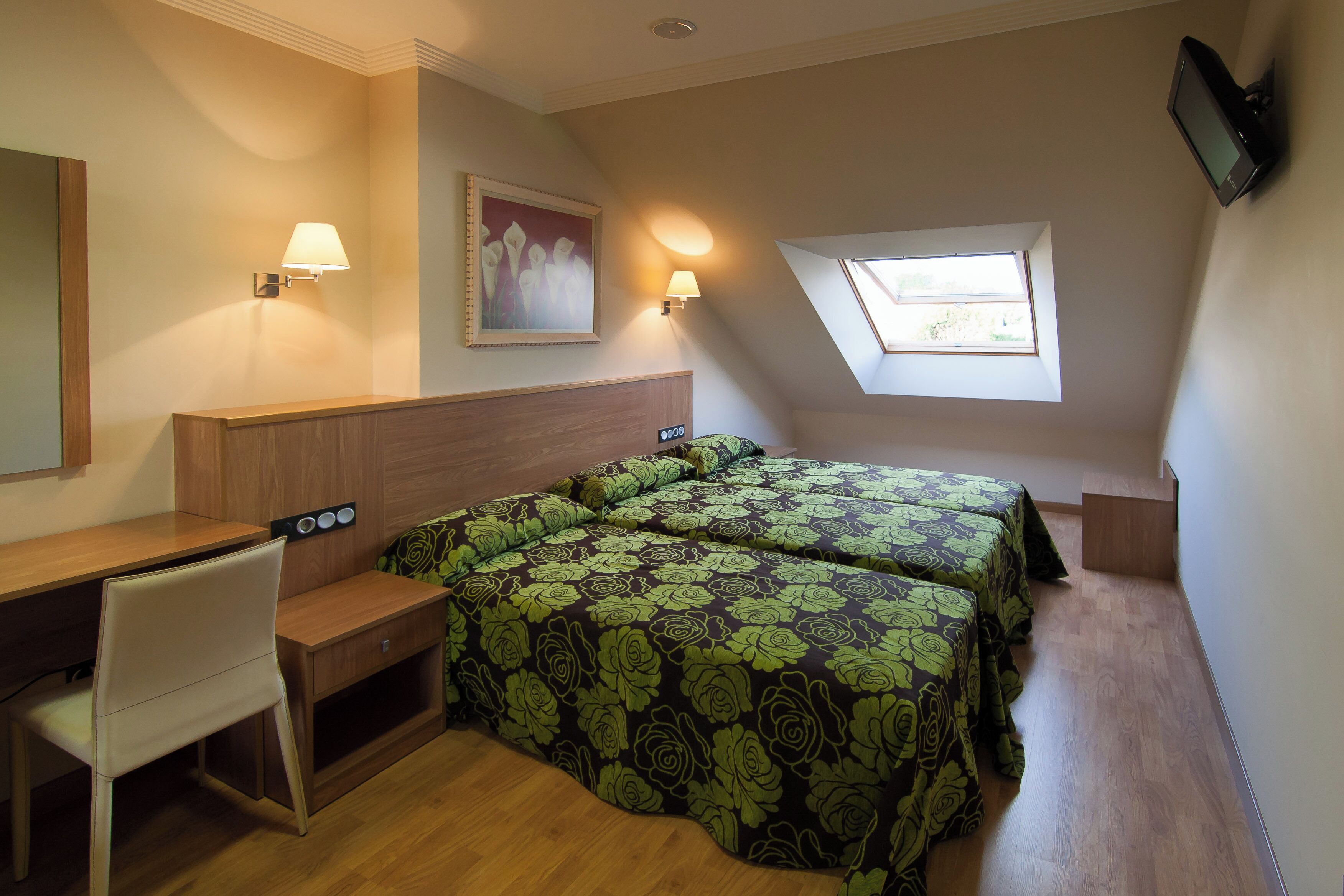 A bedroom with two beds, a desk, a chair, a TV, a painting, and a skylight.