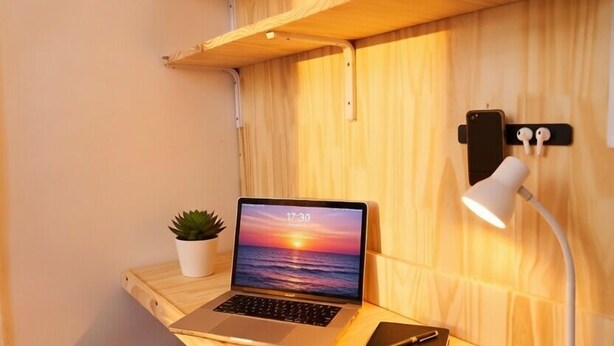 Ein Holztisch mit einem Laptop, einem Smartphone, einer Lampe, einer Pflanze und einem roten Stuhl.