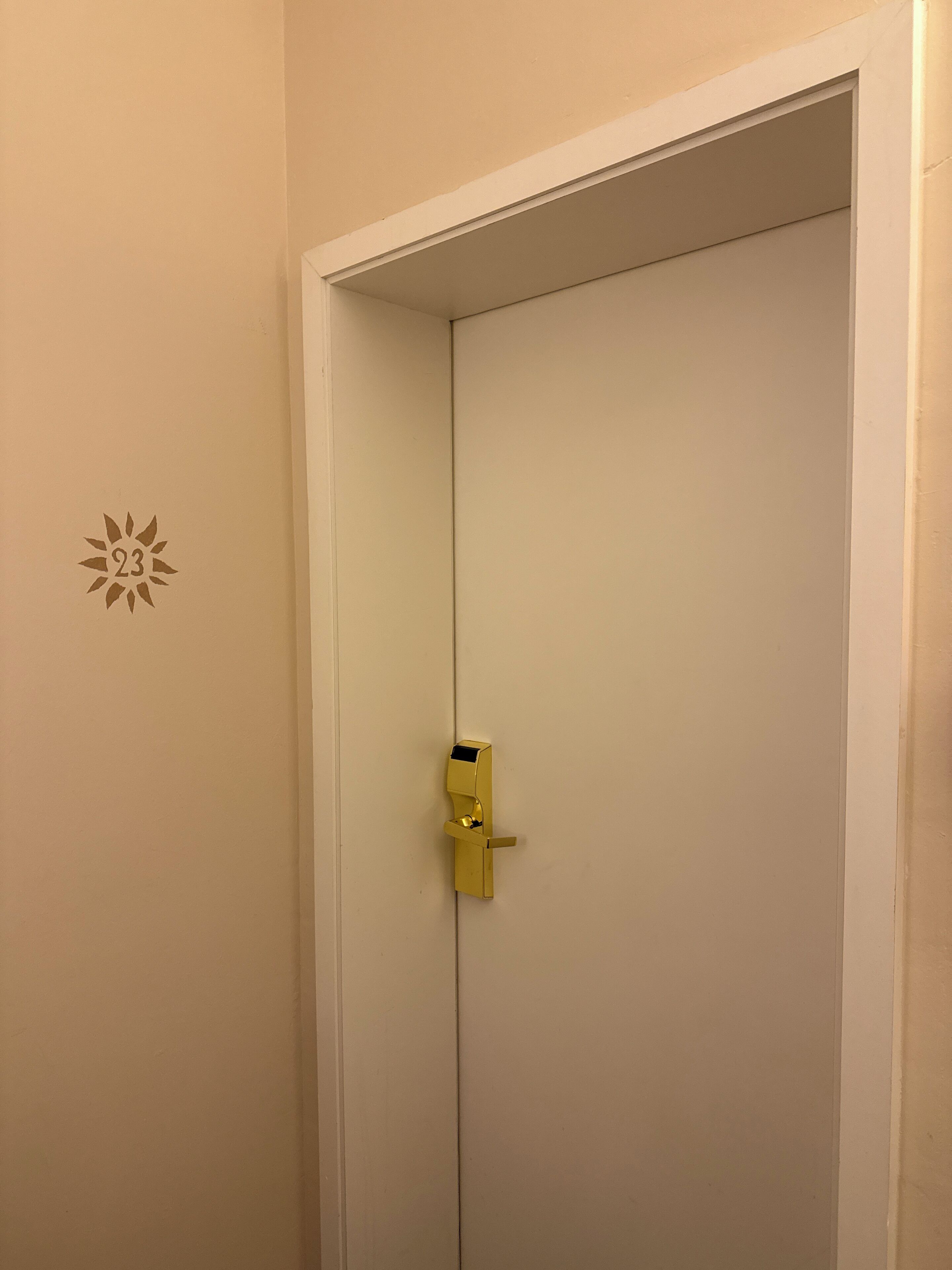 A closed door with a golden handle and a sun-shaped decoration on the wall.